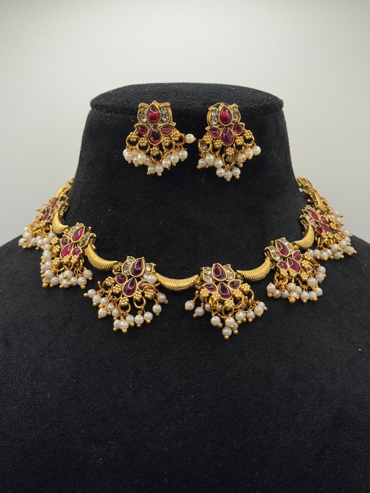 Regal bloom : Necklace lotus design pink with pearl work