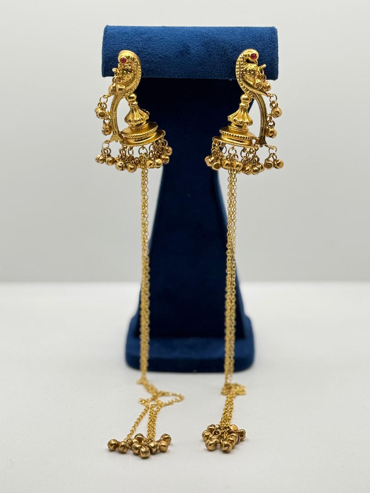 Gold Plated Peacock Design Jhumka Earrings with Attached Chains