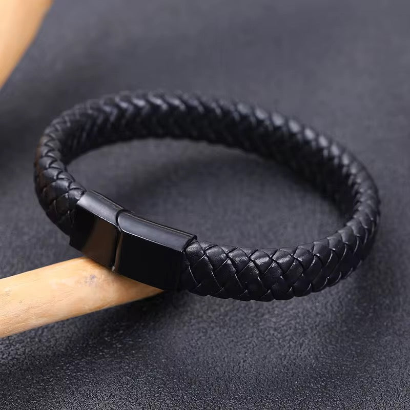 Retro woven leather mens bracelet with magnetic buckle