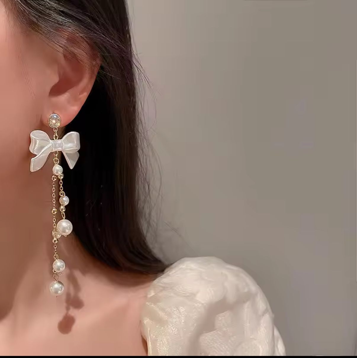Bow Knot Tassel Earrings Alloy Gold Plated White Water Pearl Drop Earrings